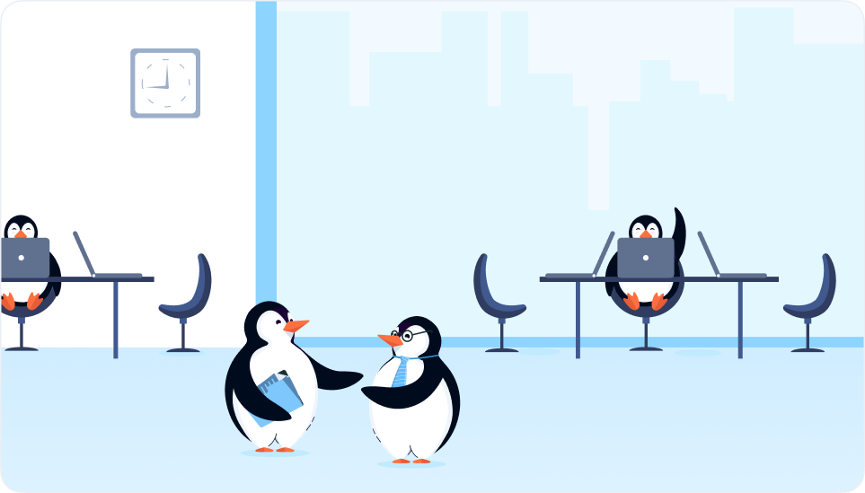 Illustration of penguin characters in an office setting, collaborating and working on laptops, symbolizing stakeholder engagement in sustainable digital practices.